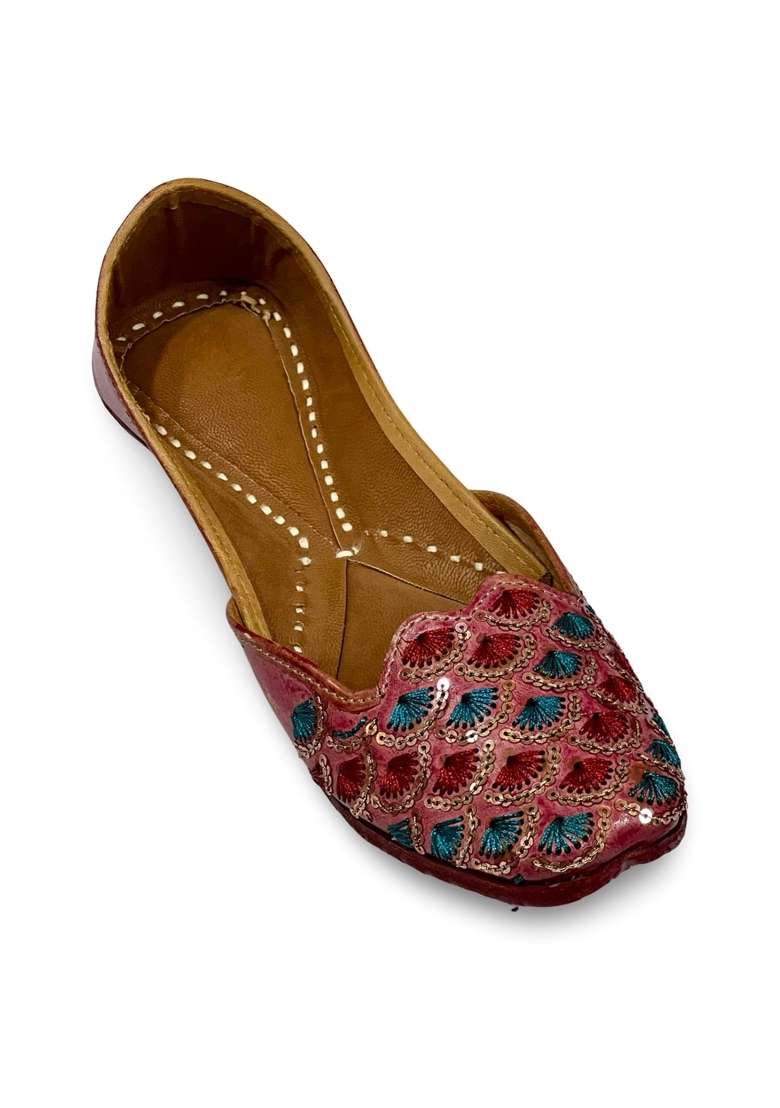 Punjabis Hand Art PHA Womens Embroidered Leather Juttis Brown with Teal and Red Sequin Pattern - Indya
