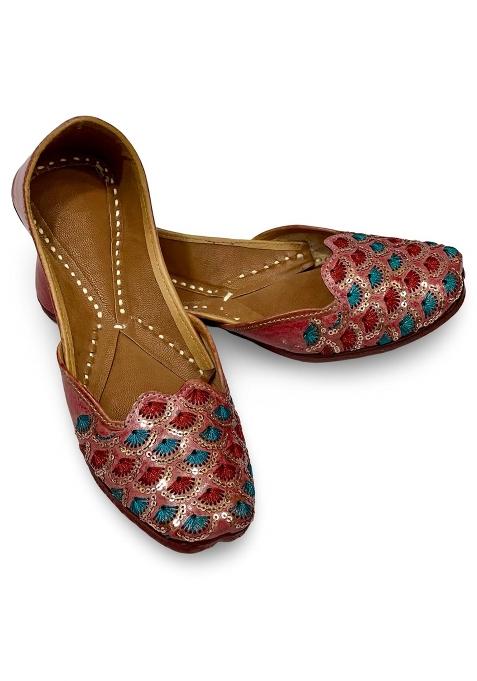 Punjabis Hand Art PHA Womens Embroidered Leather Juttis Brown with Teal and Red Sequin Pattern