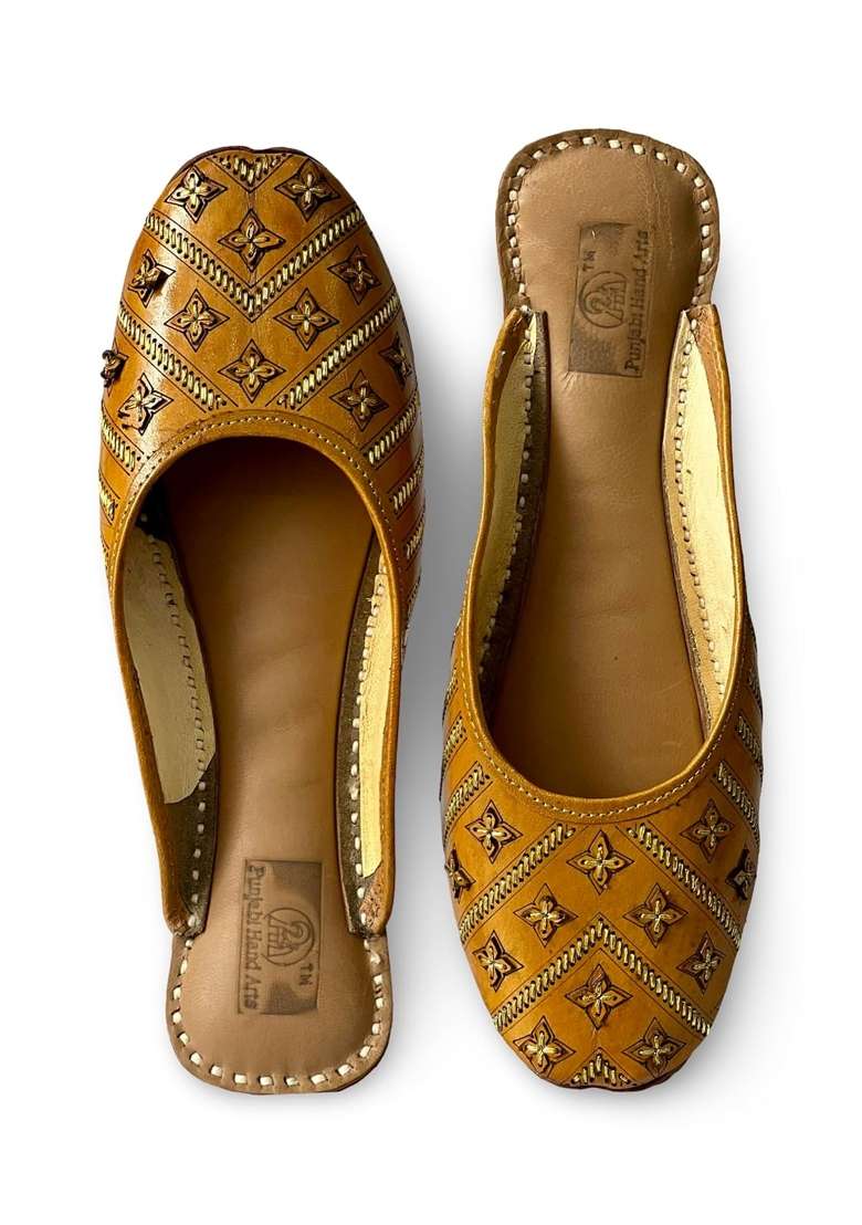 Punjabis Hand Art Brown PHA Womens Traditional Handcrafted Leather Mojari Flats Back Open Jutti - Indya