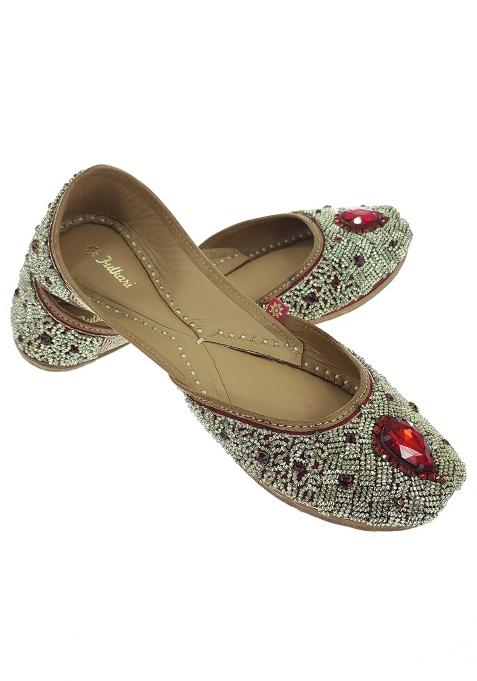 Fulkari Womens Ruby Stone Genuine Soft Leather Embroidered Jutis