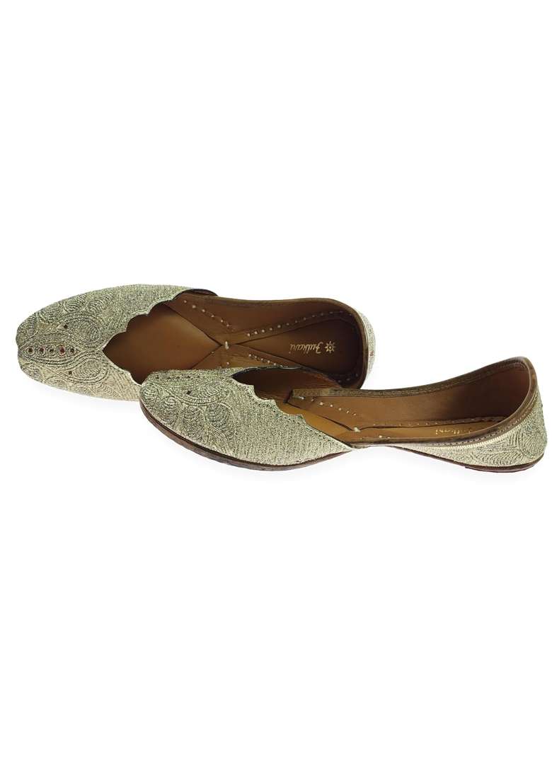 Fulkari Women Ambi Gold Genuine Soft Leather Embroidered Jutis - Indya