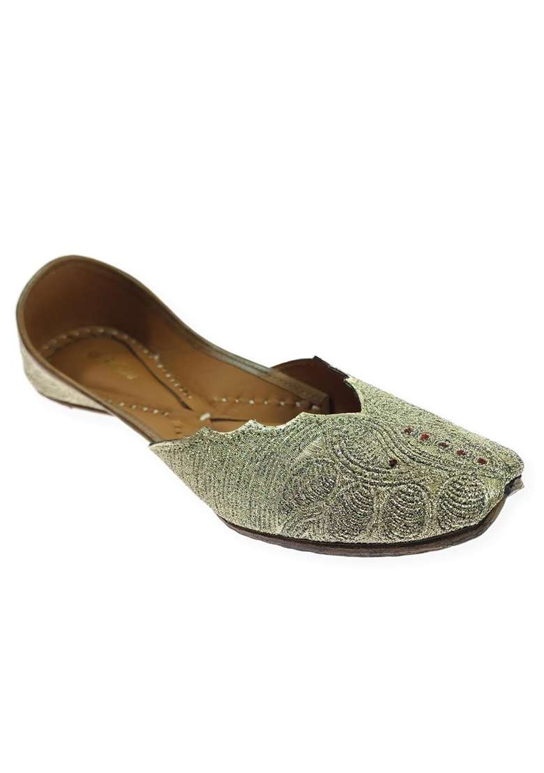 Fulkari Women Ambi Gold Genuine Soft Leather Embroidered Jutis - Indya