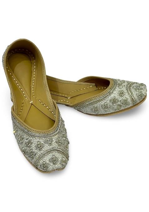 Punjabis Hand Art Chandrika Womens Embroidered Jutti Flats Silver Zardozi Work Ethnic Bridal