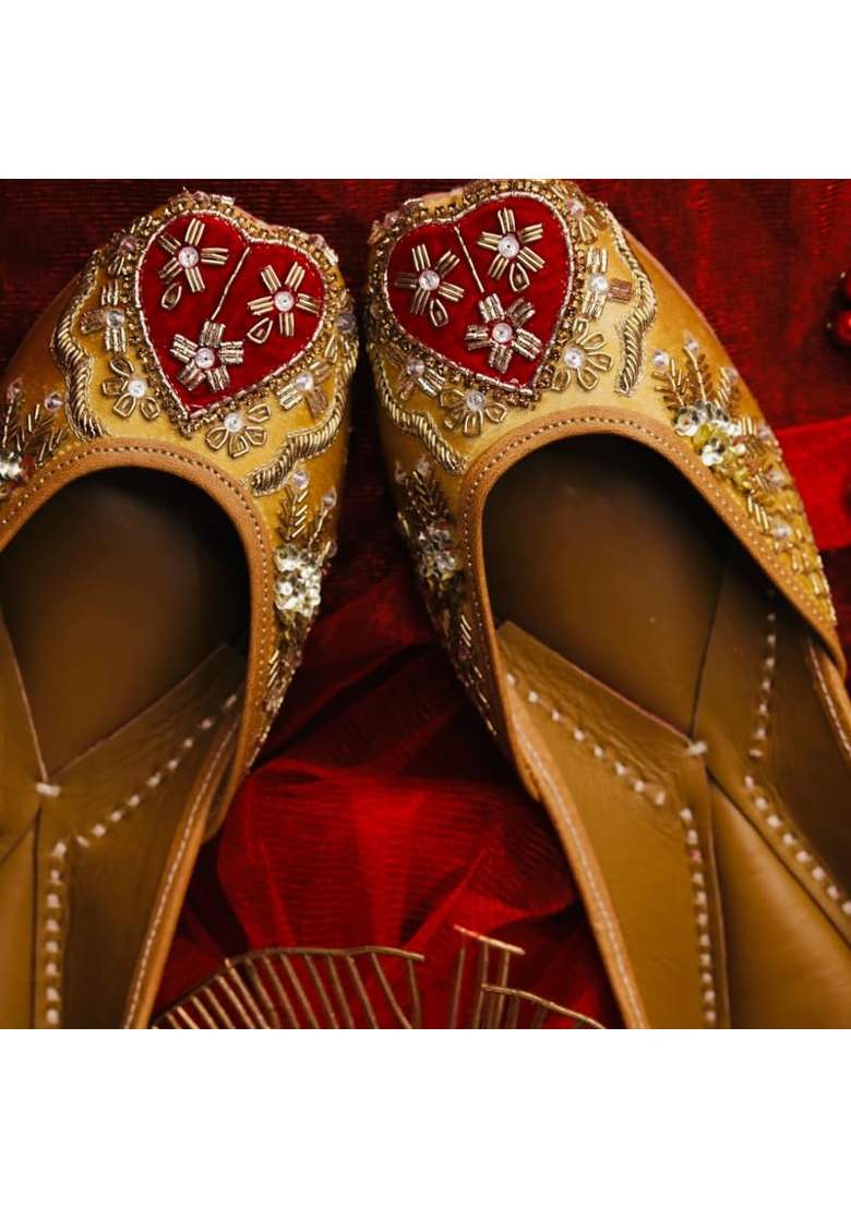 Loryphilory Gold Embroidered Jutti for Women Handcrafted Womens Flats with Maroon Heart Shaped Rhinestone - Indya