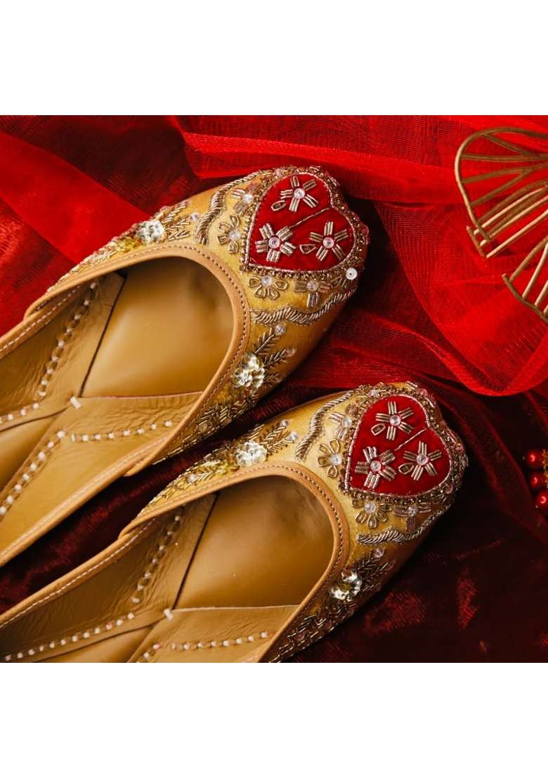 Loryphilory Gold Embroidered Jutti for Women Handcrafted Womens Flats with Maroon Heart Shaped Rhinestone - Indya