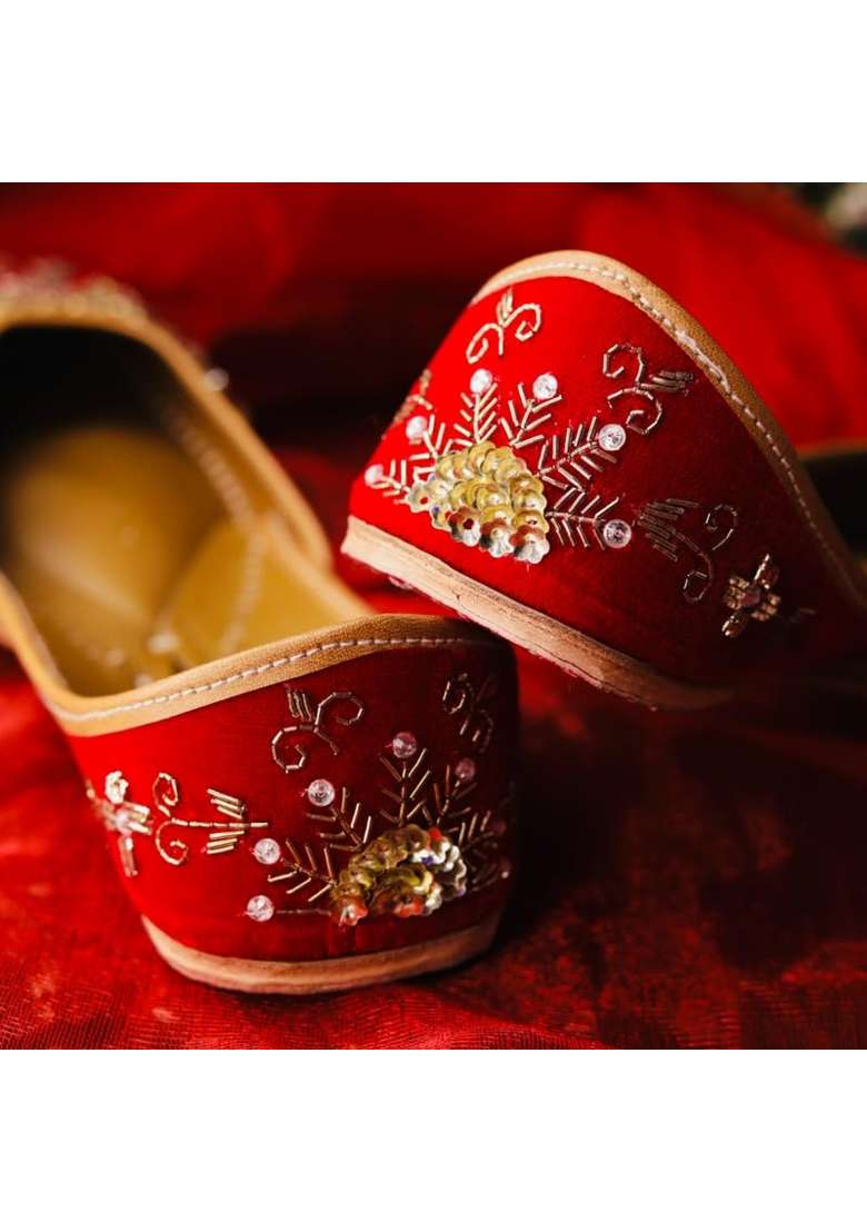 Loryphilory Gold Embroidered Jutti for Women Handcrafted Womens Flats with Maroon Heart Shaped Rhinestone - Indya