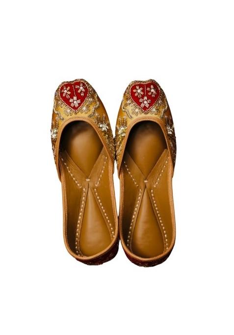 Loryphilory Gold Embroidered Jutti for Women Handcrafted Womens Flats with Maroon Heart Shaped Rhinestone