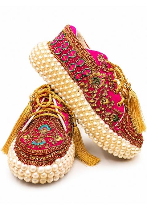 Nagina Global Womens Pink Pearl Jutti Embroidered Indian Mojari Flats