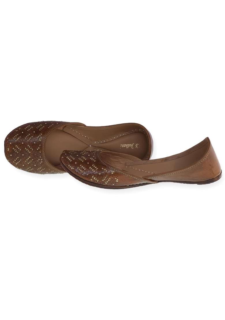 Fulkari Womens 3D Tanka Gold Zarriwork Genuine Soft Leather Jutis - Indya