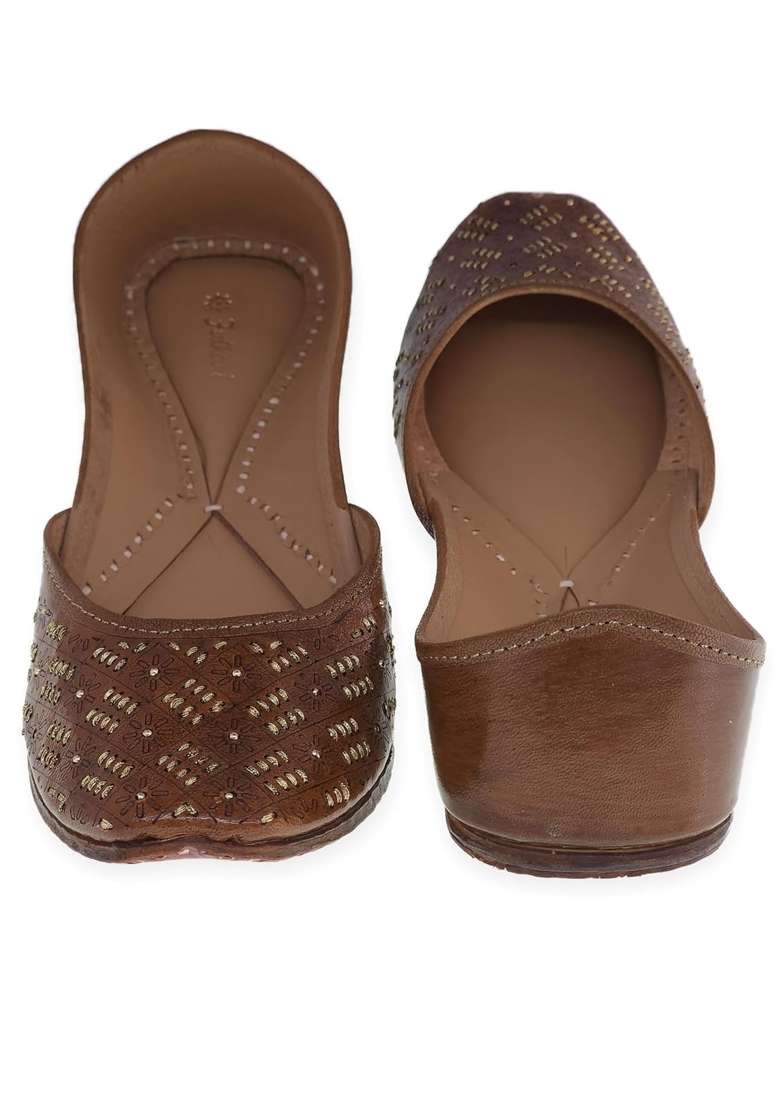 Fulkari Womens 3D Tanka Gold Zarriwork Genuine Soft Leather Jutis - Indya