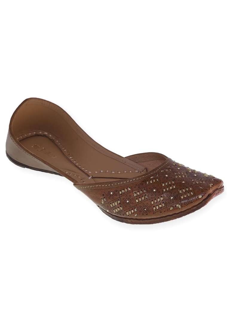 Fulkari Womens 3D Tanka Gold Zarriwork Genuine Soft Leather Jutis - Indya