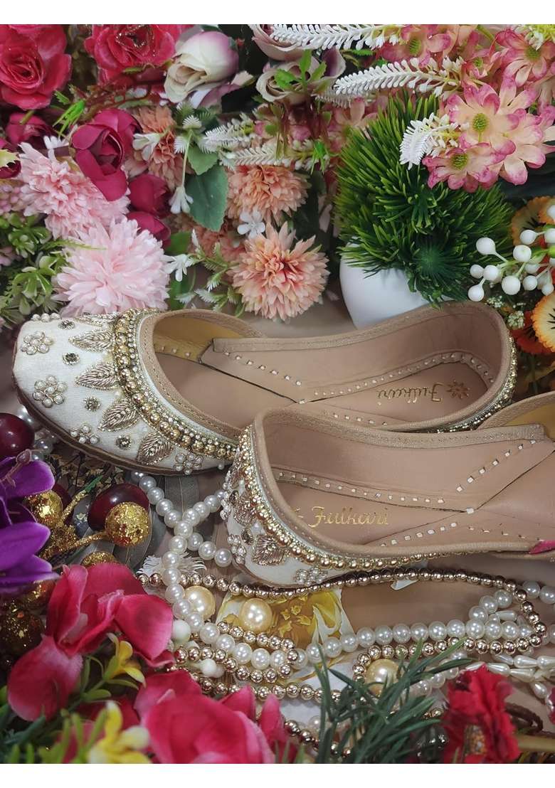 Fulkari Womens Pearl Beads Payal Genuine Soft Leather Embroidered Jutis - Indya
