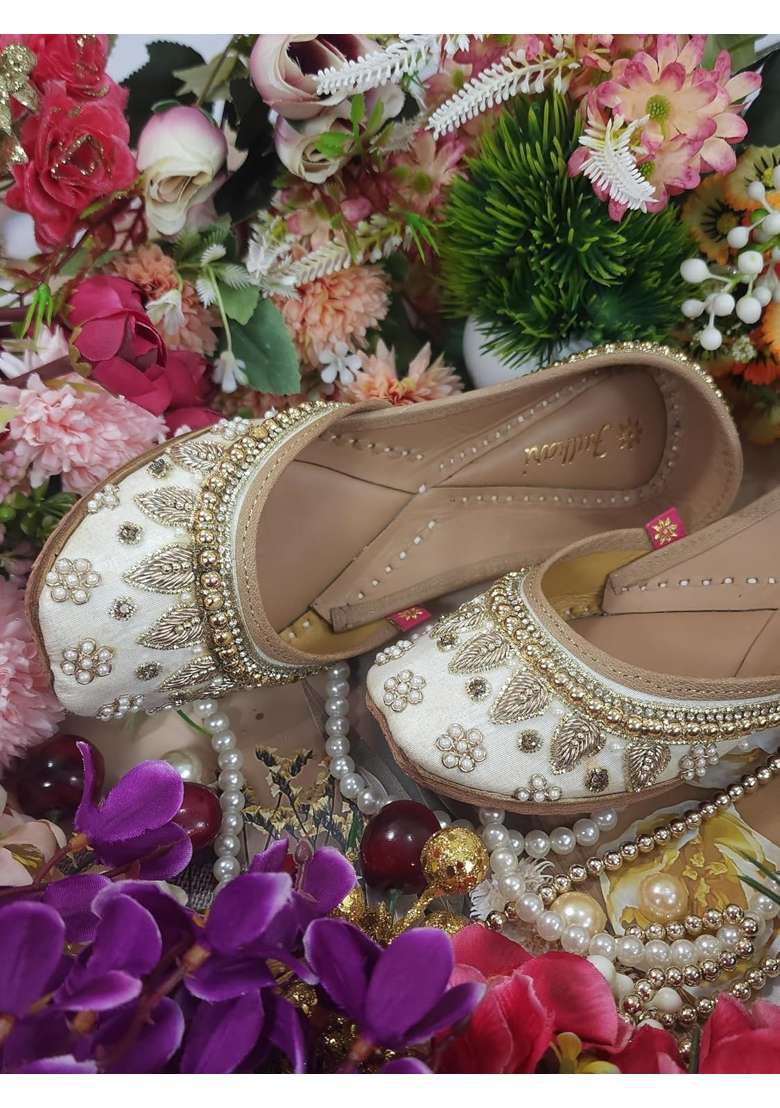 Fulkari Womens Pearl Beads Payal Genuine Soft Leather Embroidered Jutis - Indya