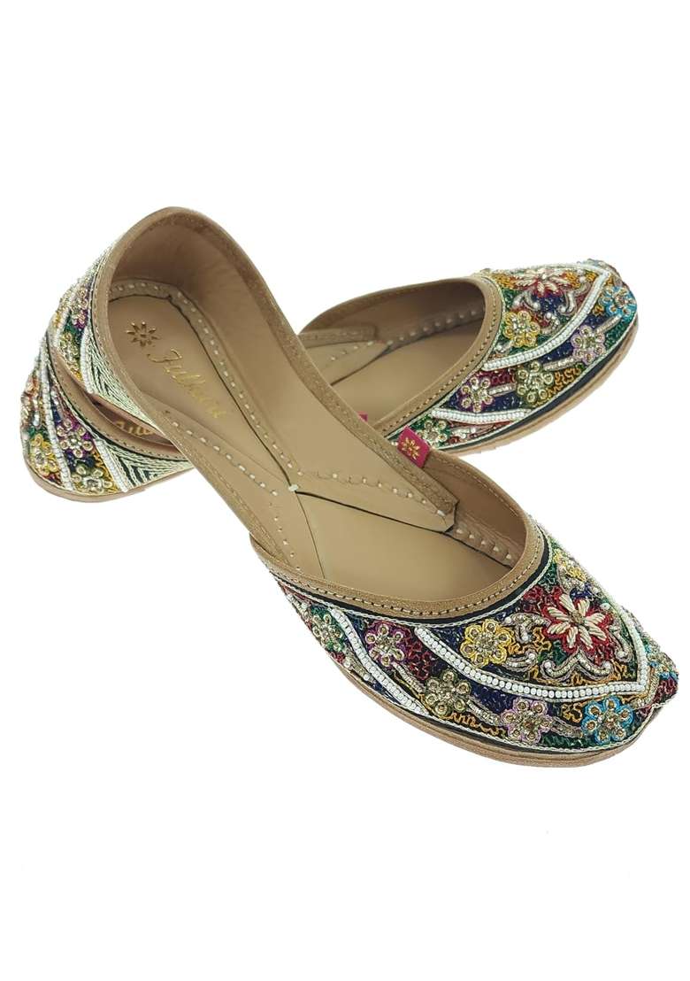 Fulkari Women Gazania Gold Multicolor Genuine Soft Leather Embroidered Jutis - Indya