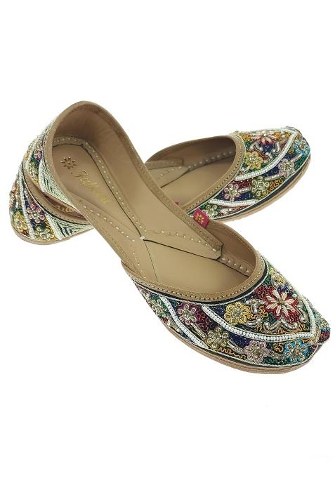 Fulkari Women Gazania Gold Multicolor Genuine Soft Leather Embroidered Jutis