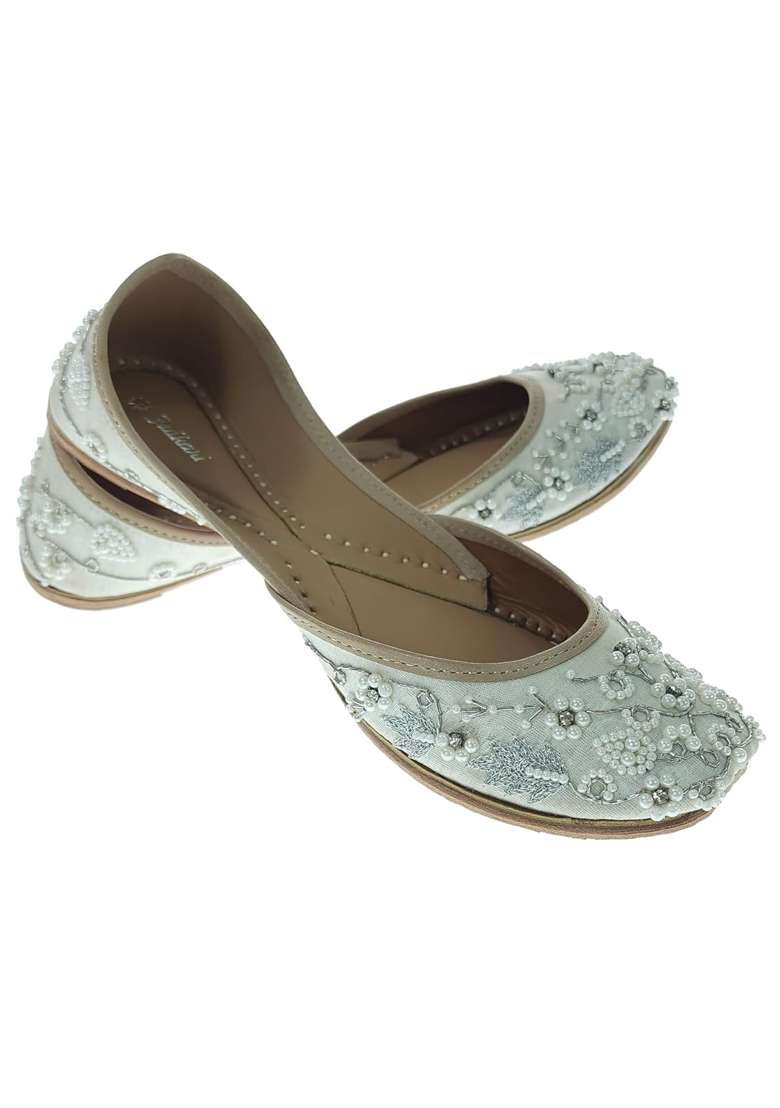 Fulkari Women Pearl Beads Gold Genuine Soft Leather Embroidered Jutis - Indya