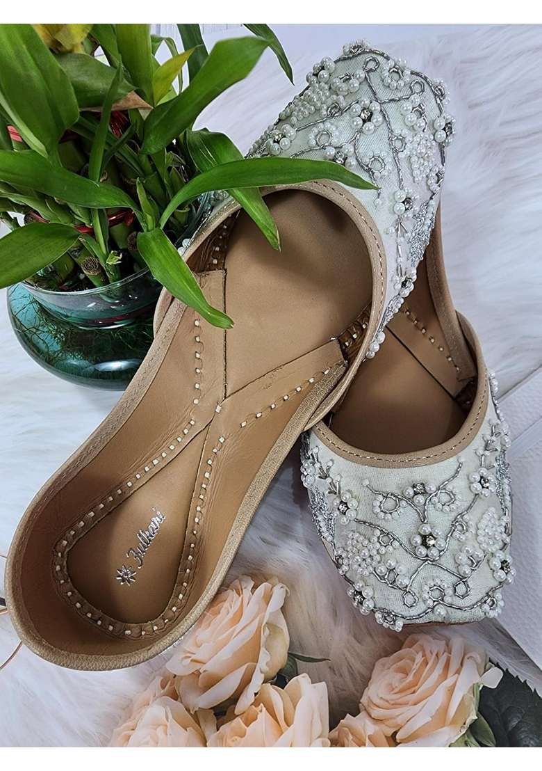 Fulkari Women Pearl Beads Gold Genuine Soft Leather Embroidered Jutis - Indya