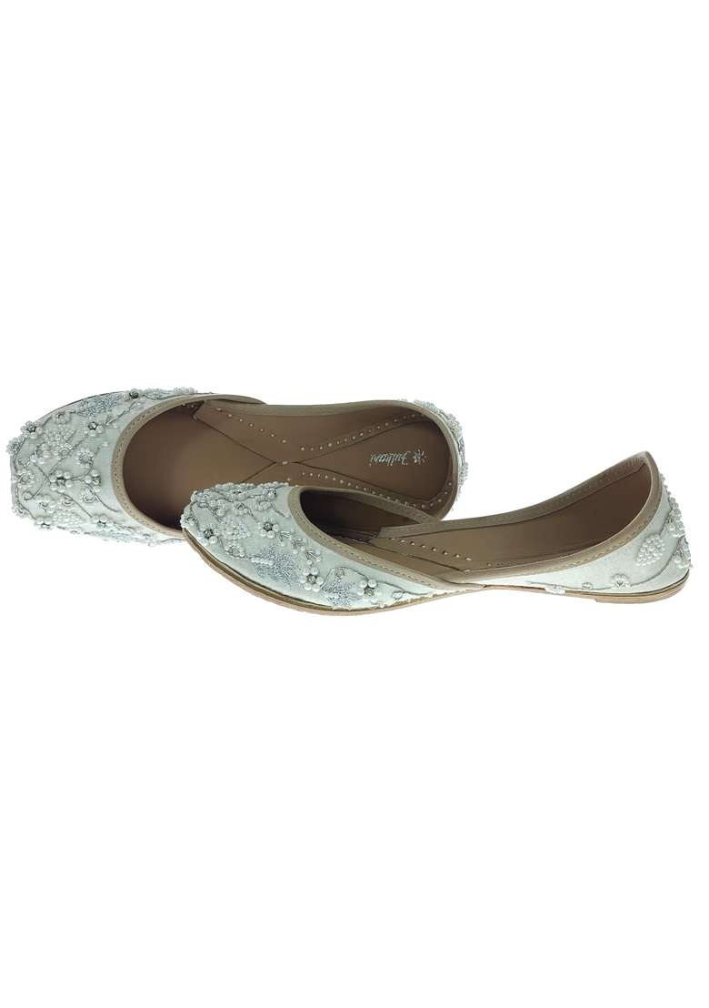 Fulkari Women Pearl Beads Gold Genuine Soft Leather Embroidered Jutis - Indya