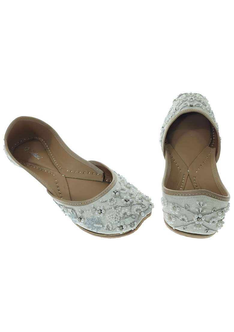 Fulkari Women Pearl Beads Gold Genuine Soft Leather Embroidered Jutis - Indya