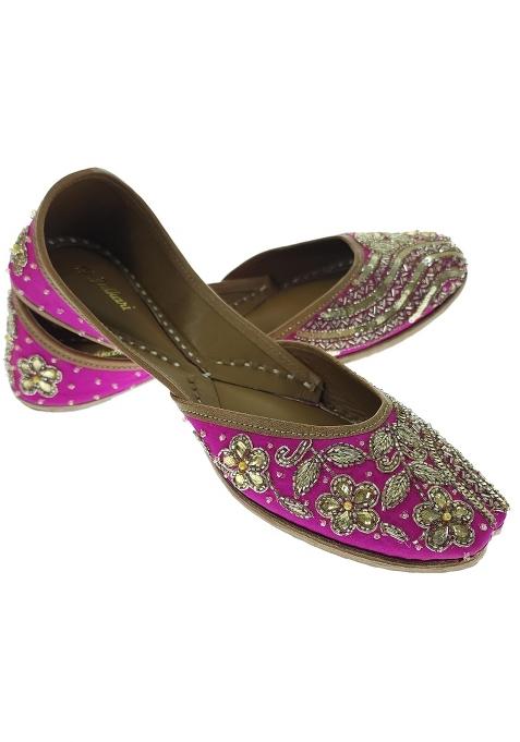 Fulkari Women Candytuft Magenta Gold Genuine Soft Leather Embroidered Jutis