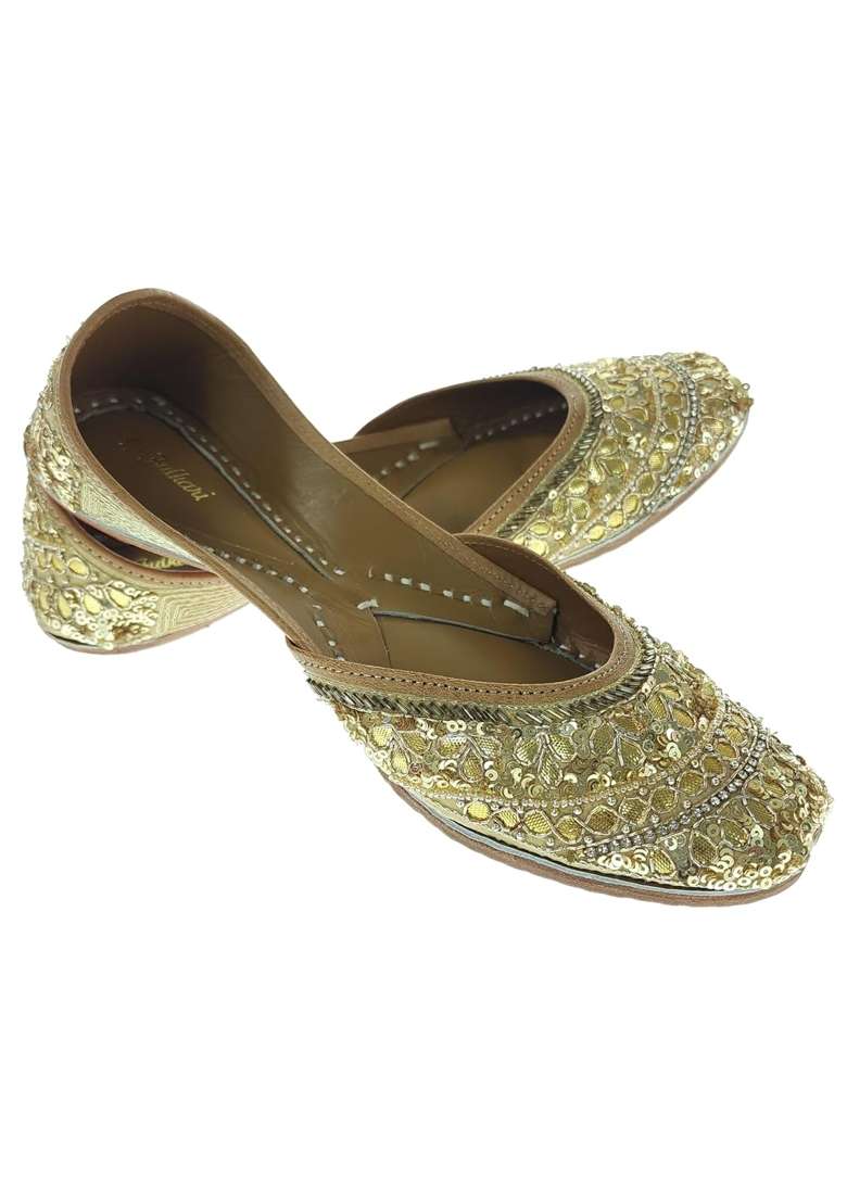 Fulkari Women Gotta Patti Gold Genuine Soft Leather Embroidered Jutis - Indya