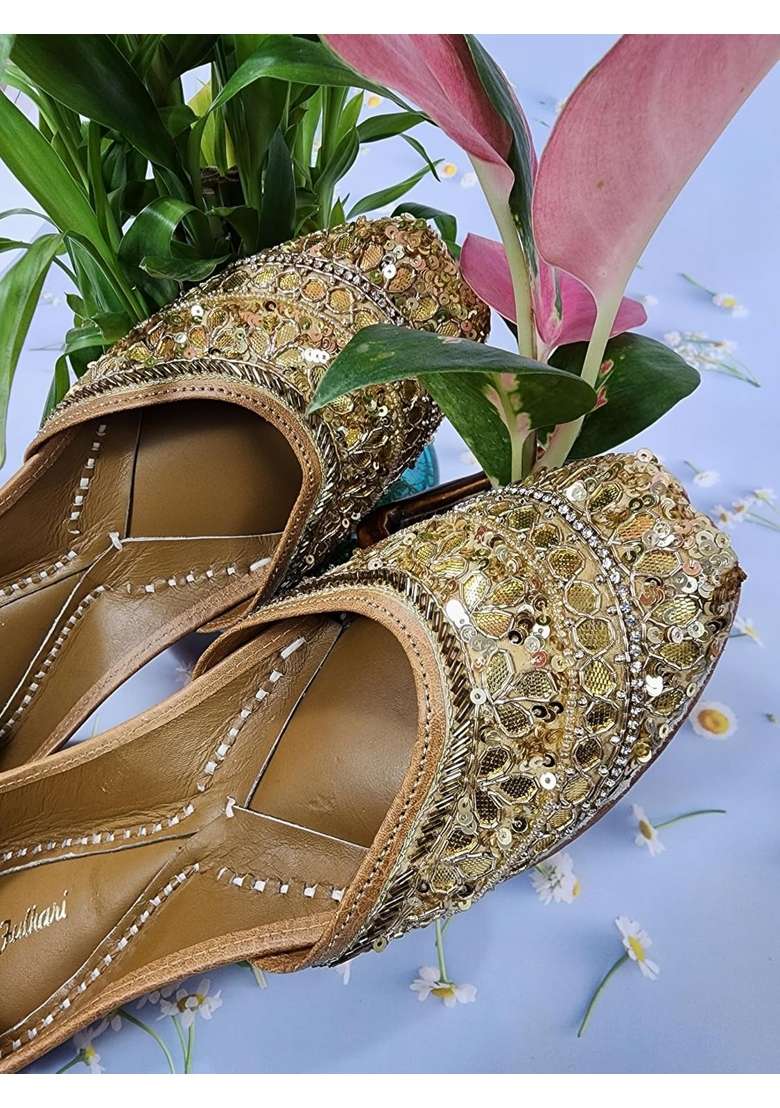 Fulkari Women Gotta Patti Gold Genuine Soft Leather Embroidered Jutis - Indya