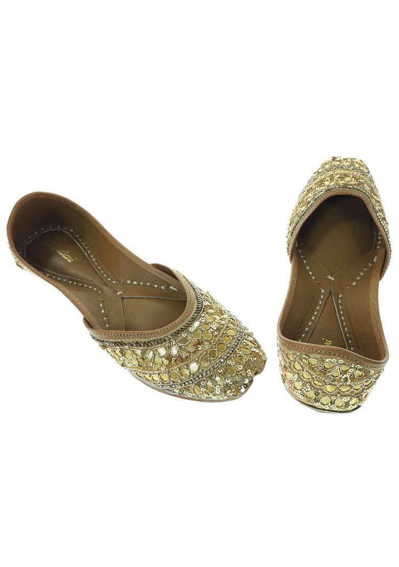 Fulkari Women Gotta Patti Gold Genuine Soft Leather Embroidered Jutis - Indya