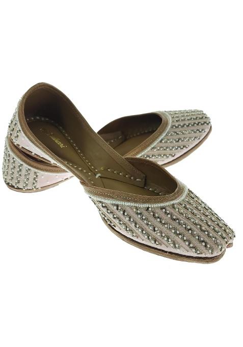 Fulkari Women Zigzag Peach Gold Genuine Soft Leather Embroidered Jutis