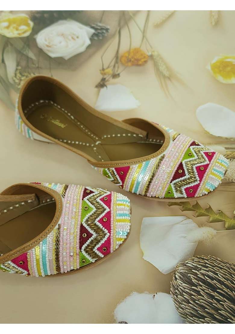 Fulkari Women Poppy Gold Multicolor Genuine Soft Leather Embroidered Jutis - Indya