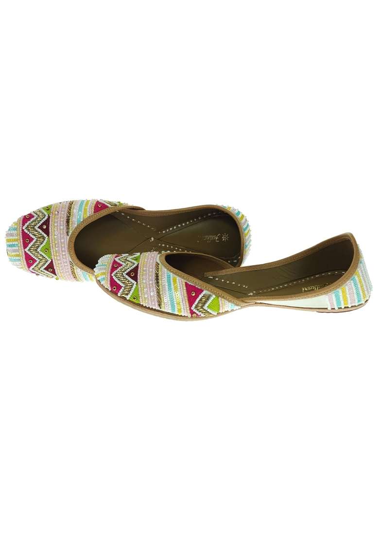 Fulkari Women Poppy Gold Multicolor Genuine Soft Leather Embroidered Jutis - Indya
