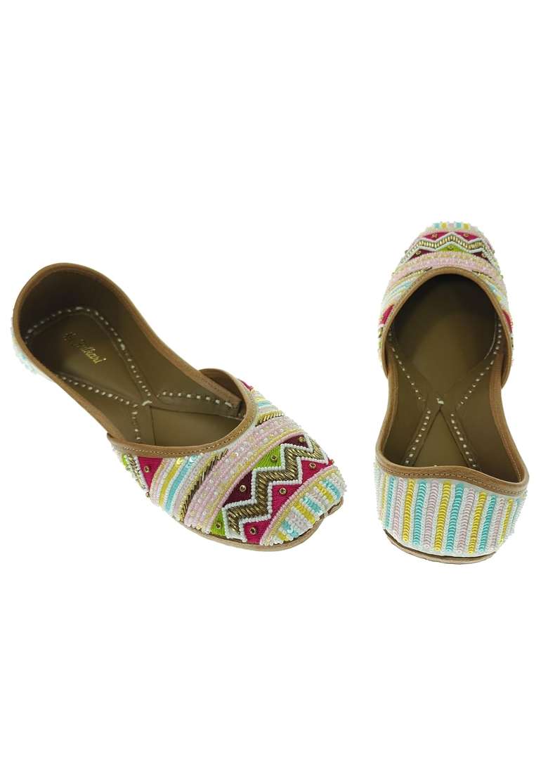 Fulkari Women Poppy Gold Multicolor Genuine Soft Leather Embroidered Jutis - Indya