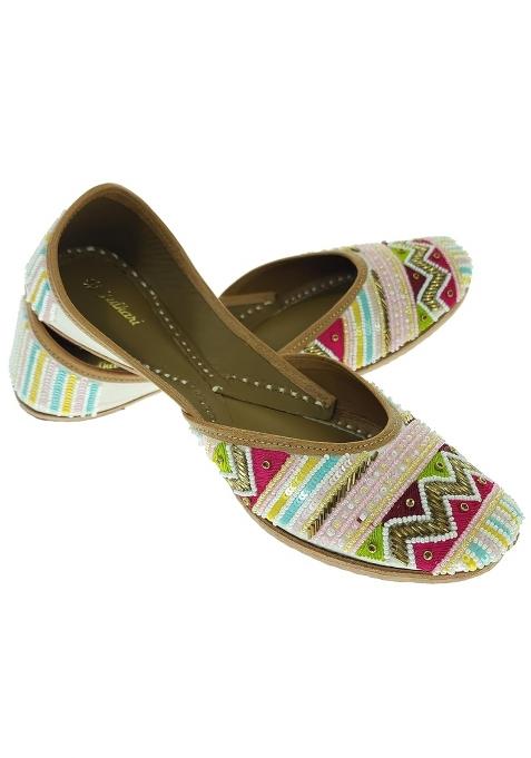 Fulkari Women Poppy Gold Multicolor Genuine Soft Leather Embroidered Jutis
