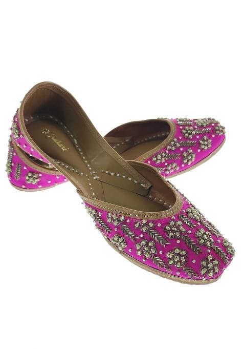Fulkari Women Erica Magenta Gold Genuine Soft Leather Embroidered Jutis