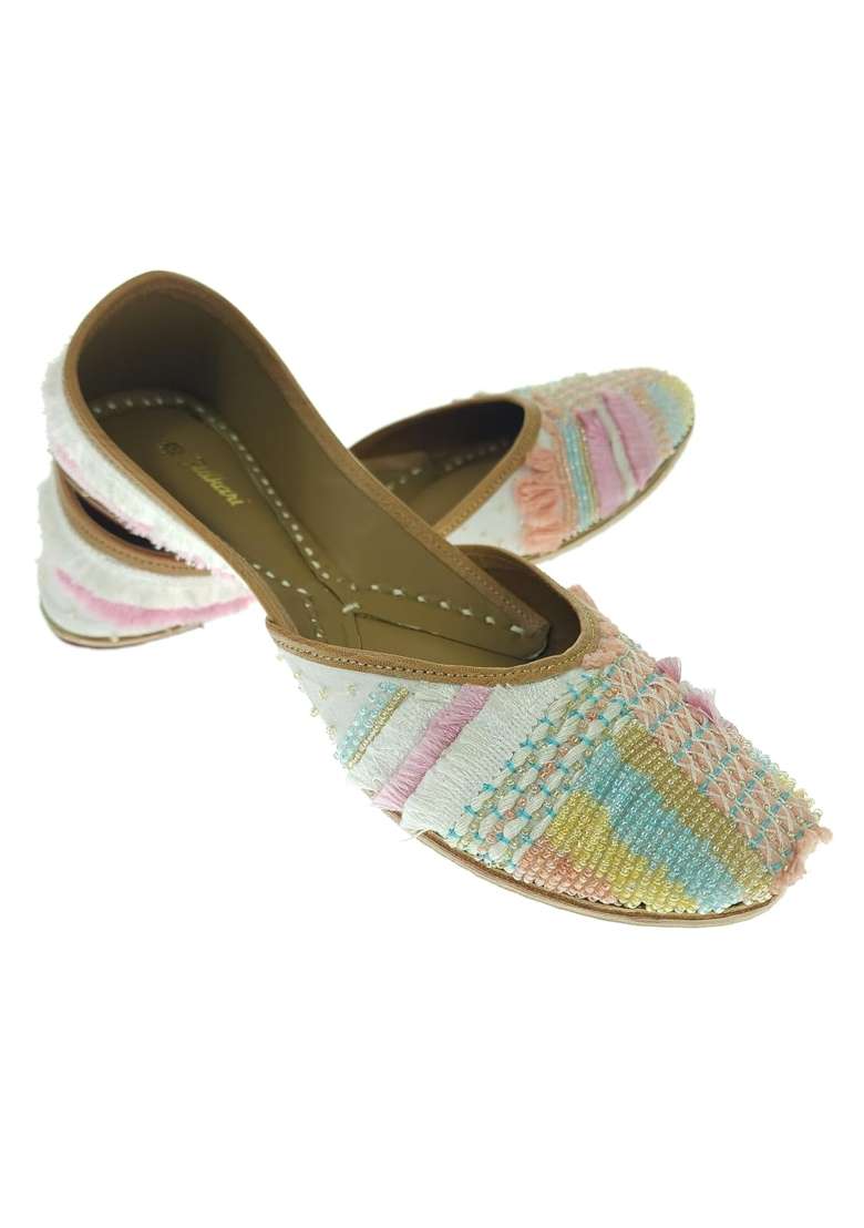 Fulkari Women Forsy Beige Gold Multi Genuine Soft Leather Embroidered Jutis - Indya
