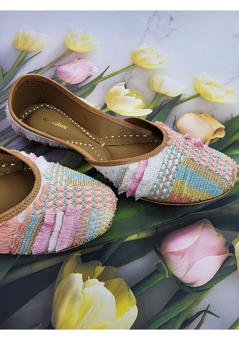 Fulkari Women Forsy Beige Gold Multi Genuine Soft Leather Embroidered Jutis - Indya