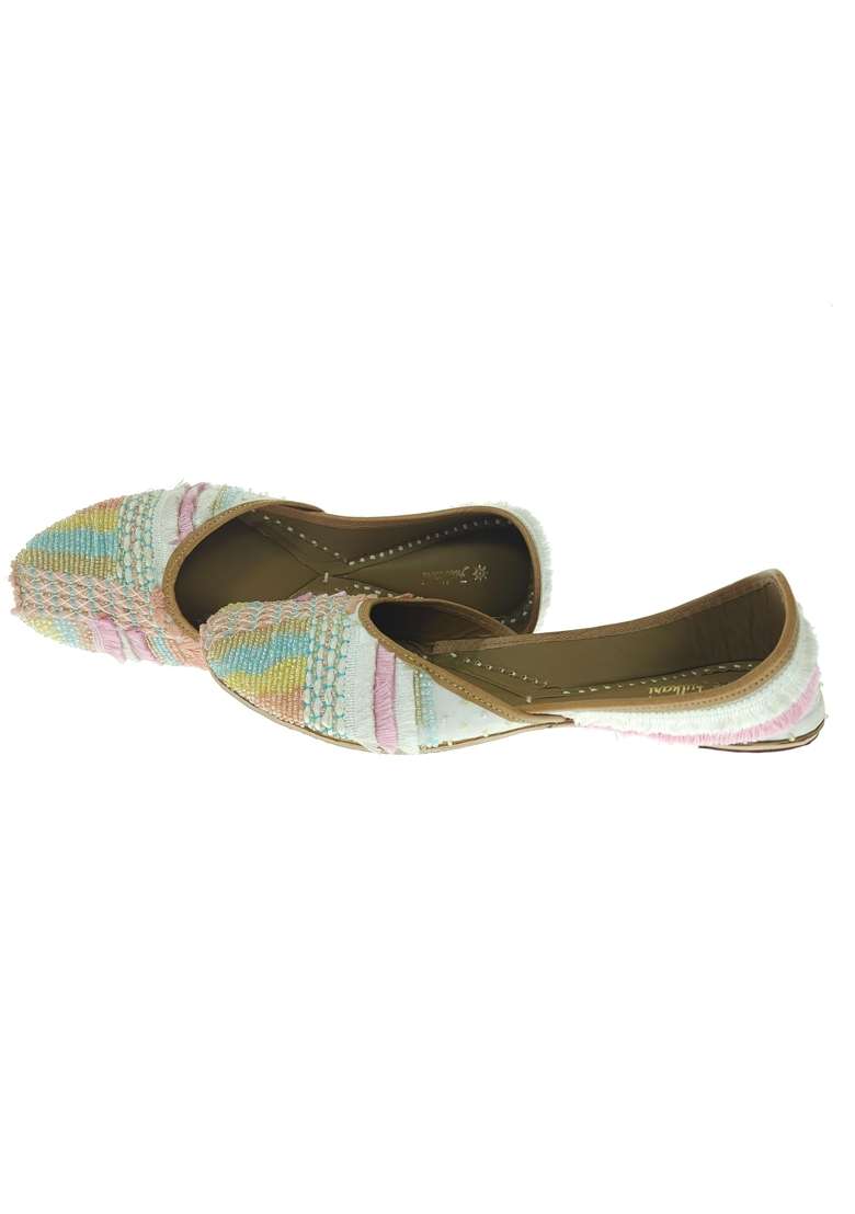 Fulkari Women Forsy Beige Gold Multi Genuine Soft Leather Embroidered Jutis - Indya