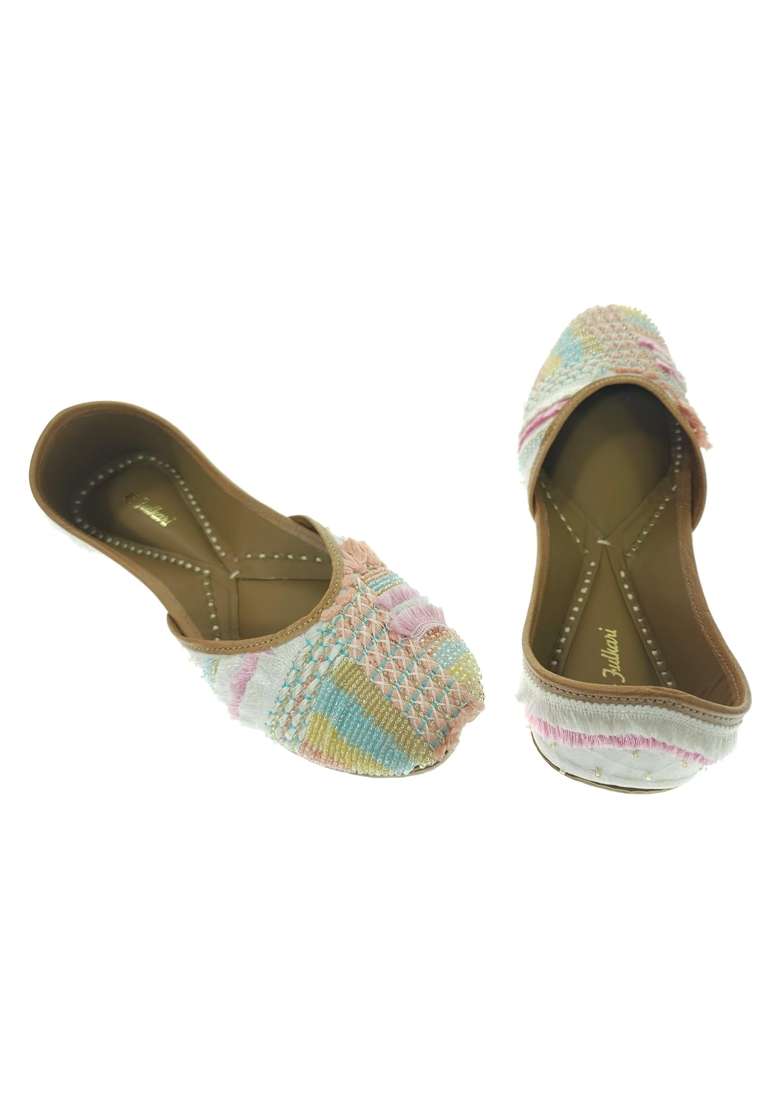 Fulkari Women Forsy Beige Gold Multi Genuine Soft Leather Embroidered Jutis - Indya