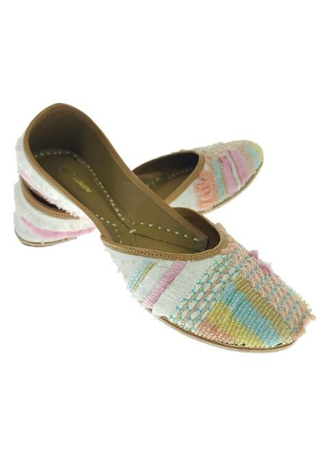 Fulkari Women Forsy Beige Gold Multi Genuine Soft Leather Embroidered Jutis