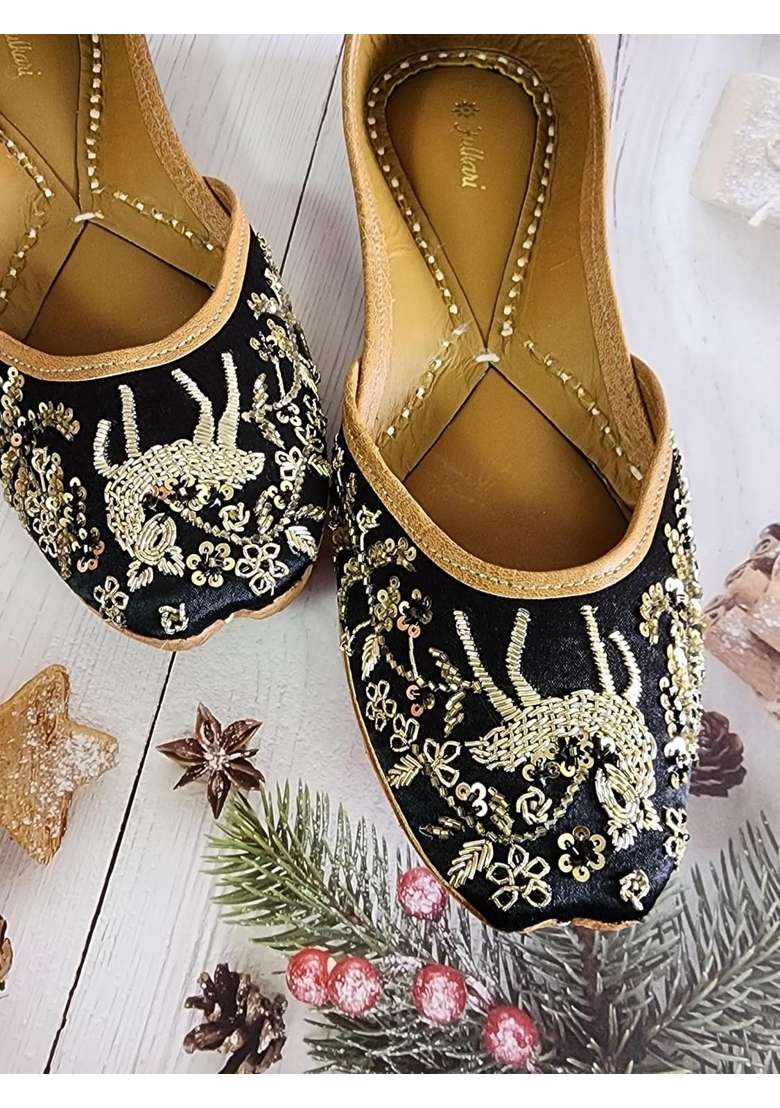 Fulkari Women Deer Gold Genuine Soft Leather Embroidered Jutis - Indya