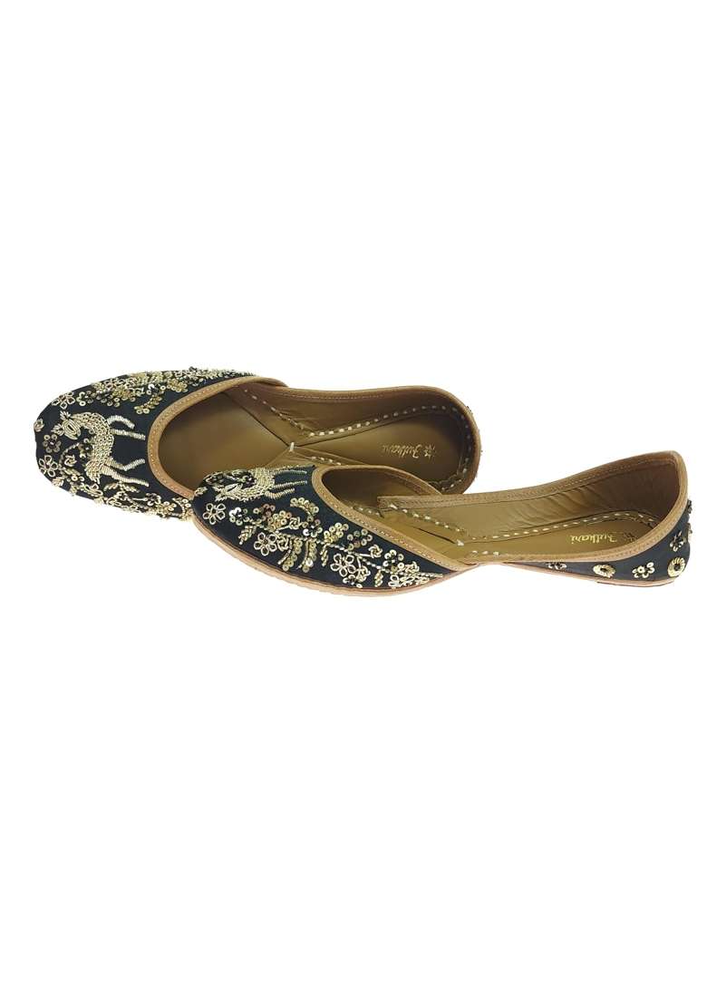 Fulkari Women Deer Gold Genuine Soft Leather Embroidered Jutis - Indya