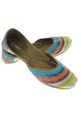 Fulkari Women Salvia Gold Multicolor Genuine Soft Leather Embroidered Jutis