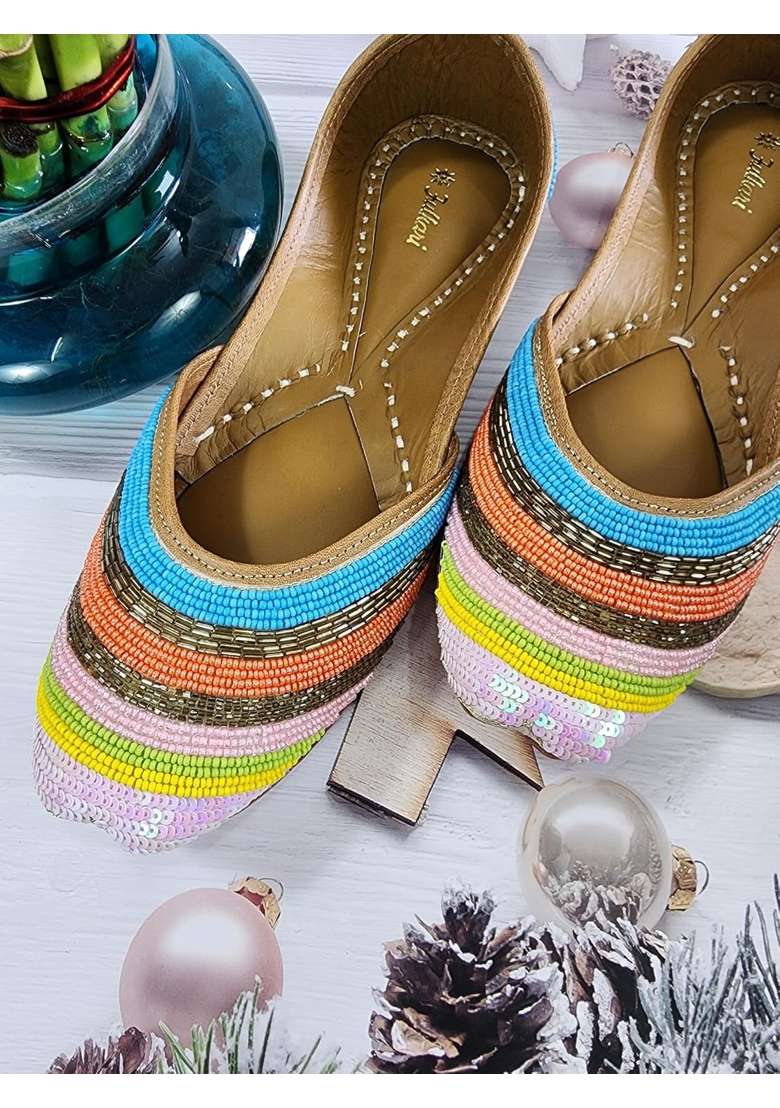 Fulkari Women Salvia Gold Multicolor Genuine Soft Leather Embroidered Jutis - Indya