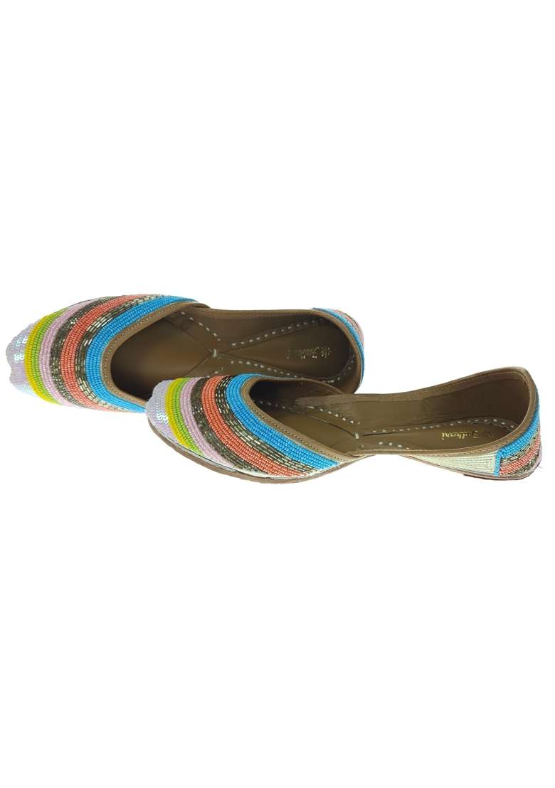 Fulkari Women Salvia Gold Multicolor Genuine Soft Leather Embroidered Jutis - Indya