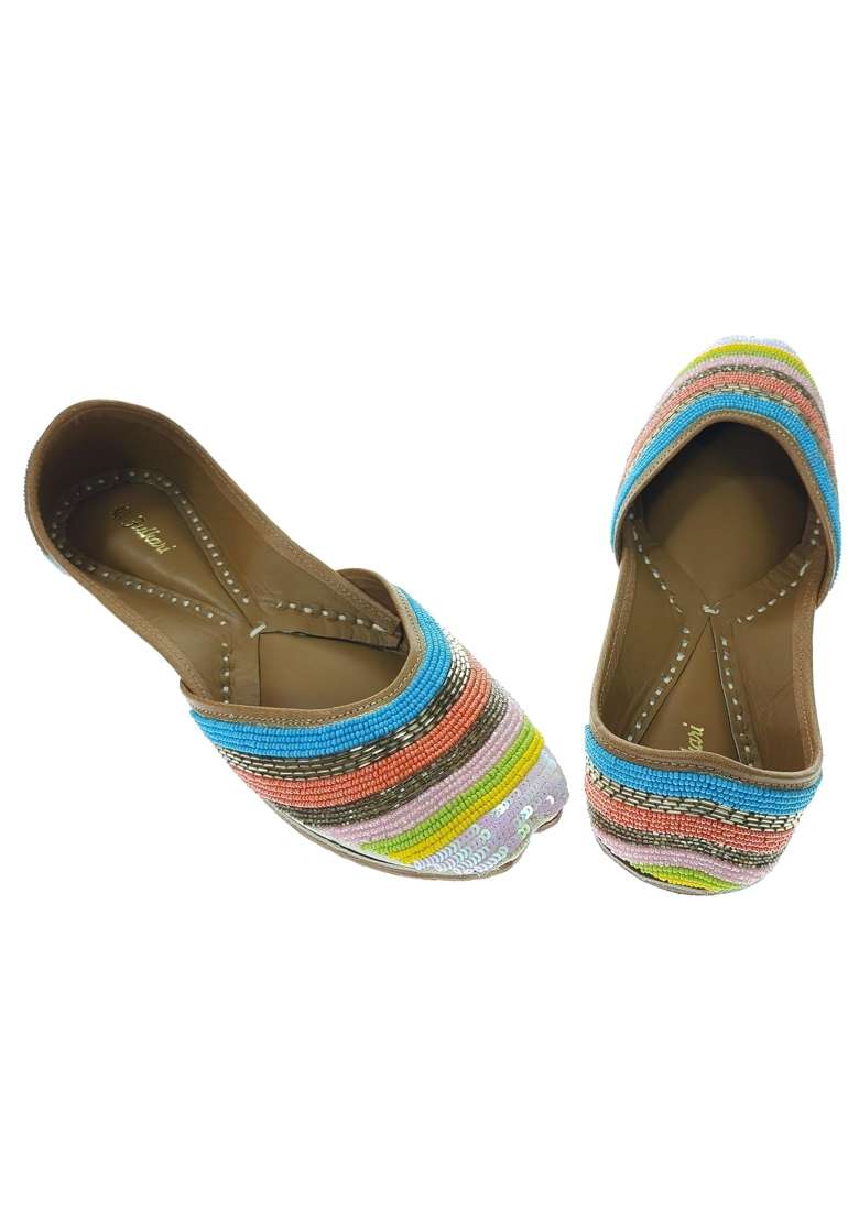 Fulkari Women Salvia Gold Multicolor Genuine Soft Leather Embroidered Jutis - Indya