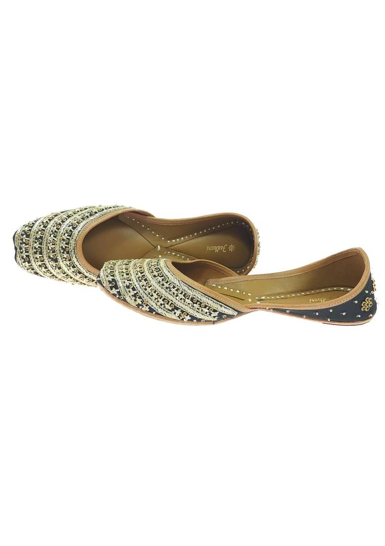 Fulkari Women Black Dawka Gold Genuine Soft Leather Embroidered Jutis - Indya