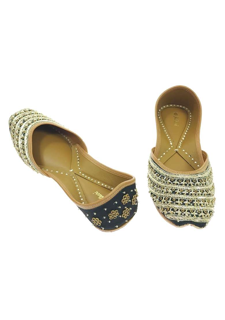 Fulkari Women Black Dawka Gold Genuine Soft Leather Embroidered Jutis - Indya