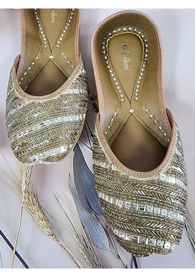 Fulkari Women Celosia Skin Gold Genuine Soft Leather Embroidered Jutis - Indya