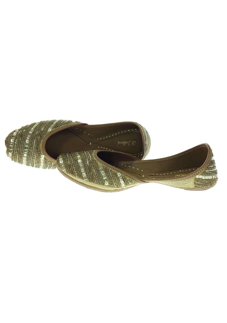 Fulkari Women Celosia Skin Gold Genuine Soft Leather Embroidered Jutis - Indya