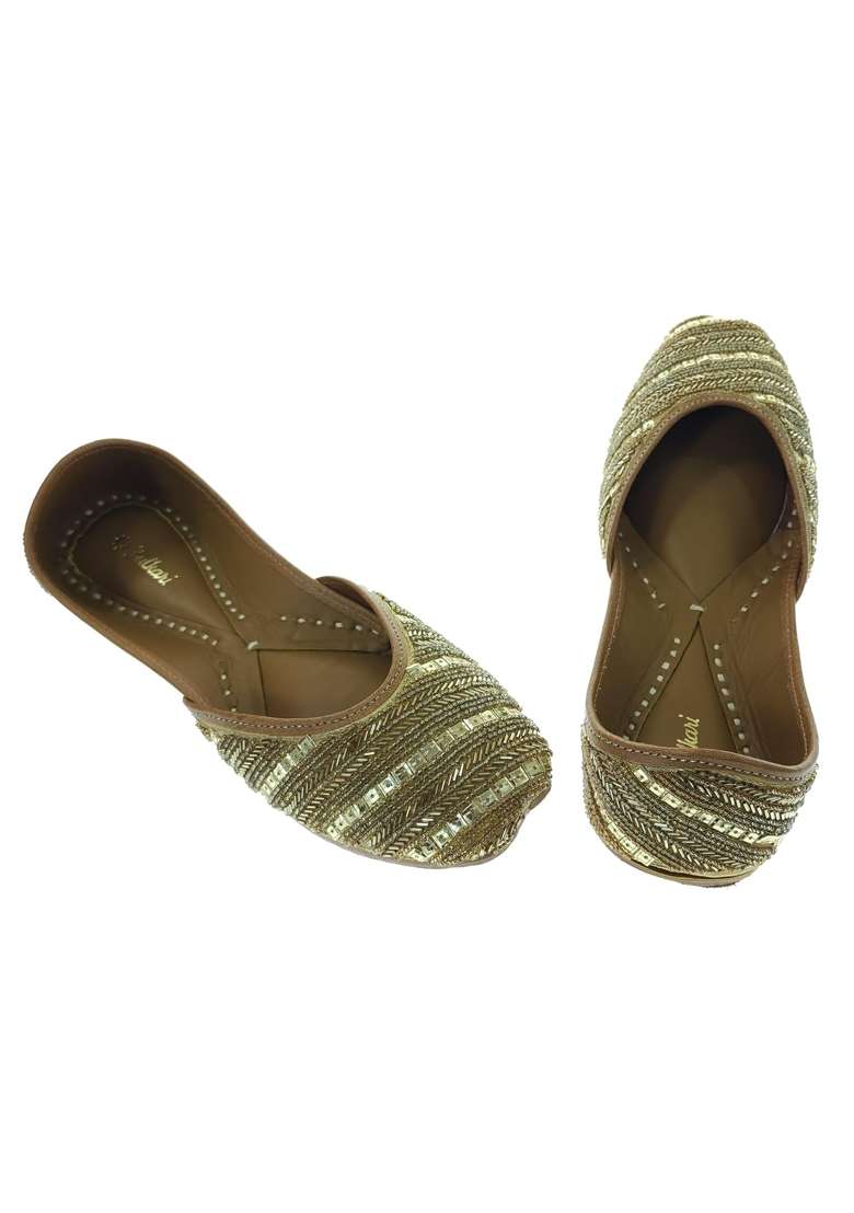 Fulkari Women Celosia Skin Gold Genuine Soft Leather Embroidered Jutis - Indya