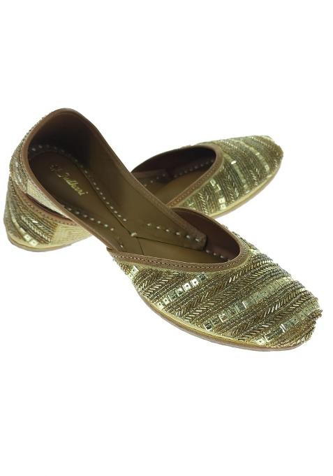 Fulkari Women Celosia Skin Gold Genuine Soft Leather Embroidered Jutis